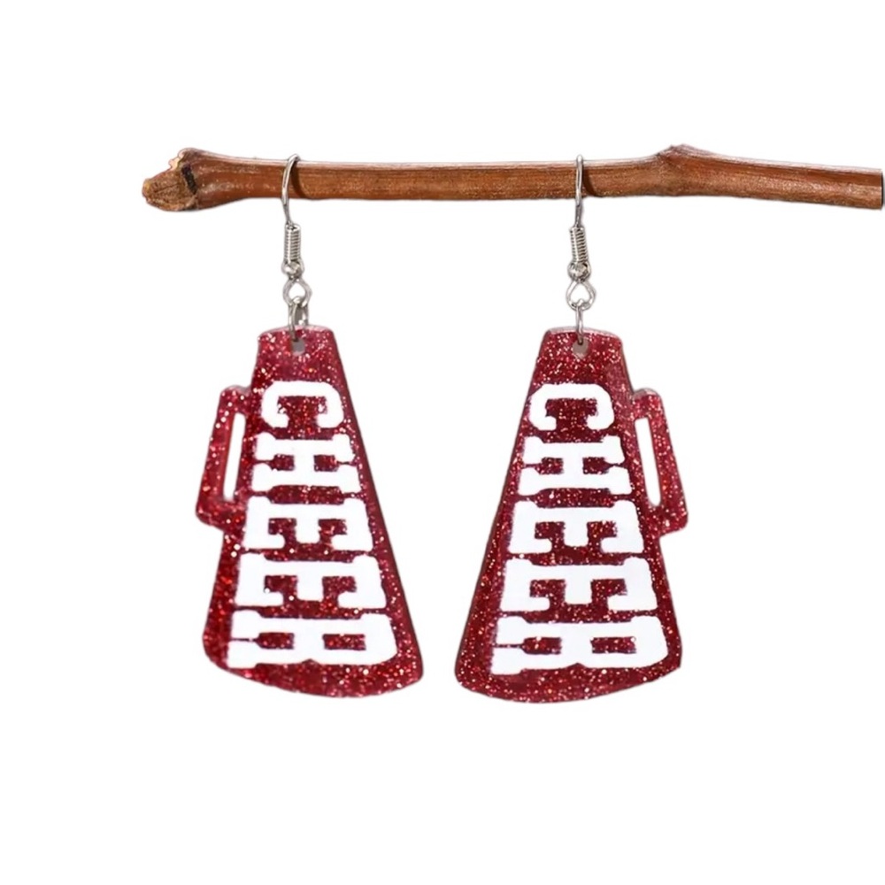Red Glitter and White CHEER Megaphone Drop Earrings